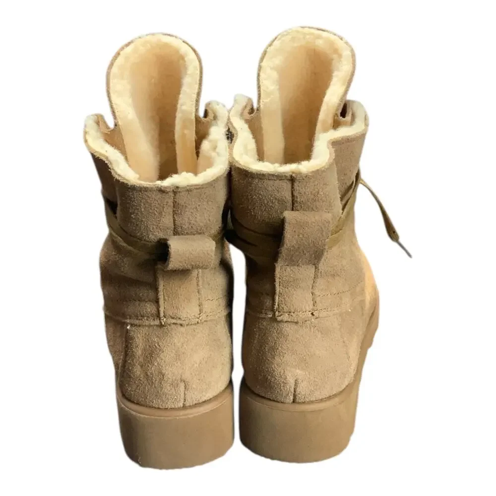 Bearpaw Krista Youth Boots Tan Suede Wool Lined Lace Up Size 4 EU 34
